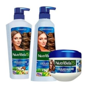 Nutribela 15 Celulas Madre (3 Pack) Champú 400mL + Acondicionador 13.5 fl oz + Tratamiento 300mL, Nutribela 15 Champú y acondicionador