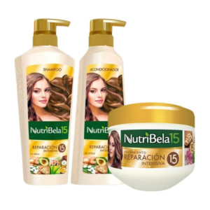 Nutribela 15 Reparacion Intensiva (3 Pack) Nutribela Champú Reparacion Intensiva 13.5 fl oz + Acondicionador Reparacion Intensiva 13.5 fl oz + Tratamiento 300mL, Nutribela Shampoo y Acondicionador