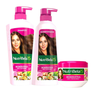 NutriBela 15 Biokeratina - Kit de cuidado del cabello - Champú 13.5 fl oz + Acondicionador 12.5 fl oz + Tratamiento capilar 10.1 fl oz (paquete de 3)